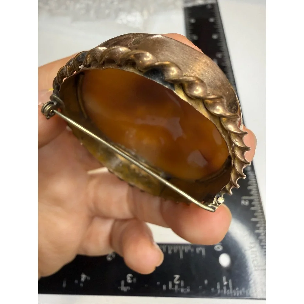 Antique Shell Cameo Brooch Hand Carved Village Landscape Gold Tone Frame